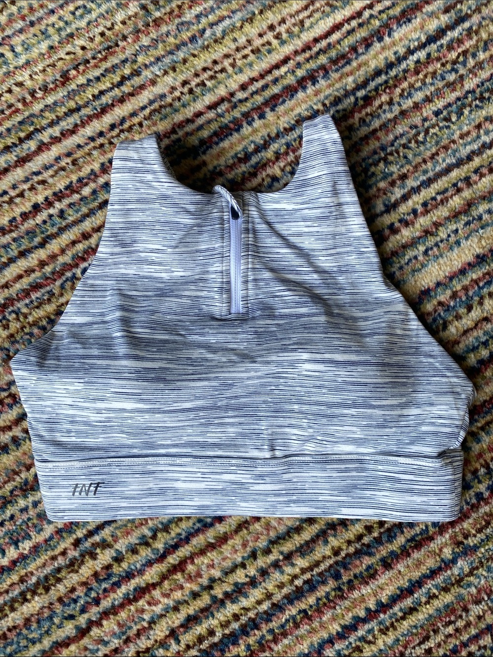 Heathered Light Gray and blue High-Neck Sports Bra with Front Zip